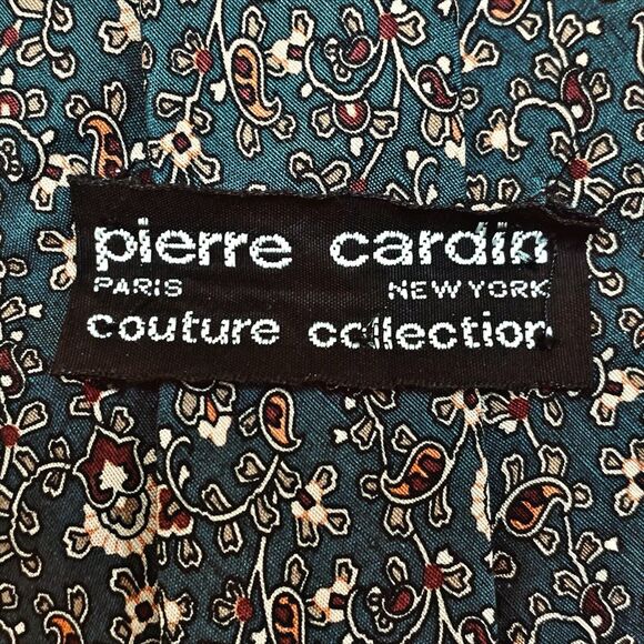 Pierre Cardin Silk Tie Green Brown Paisley Print Couture Collection Vintage - Picture 5 of 7